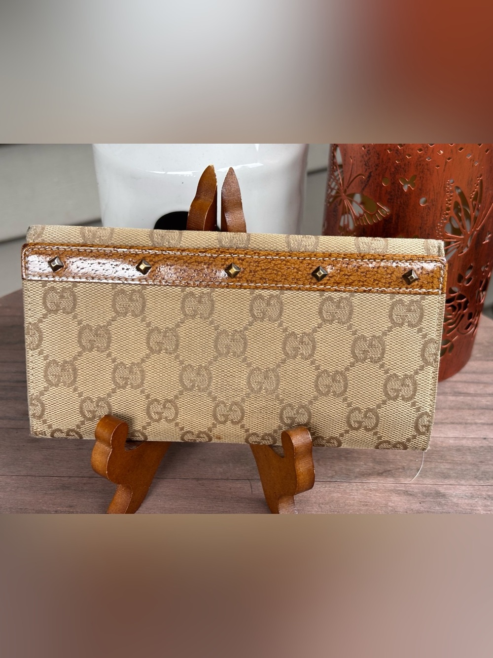 Gucci Beige Monogram Canvas long wallet with Brown Leather Trim and studs